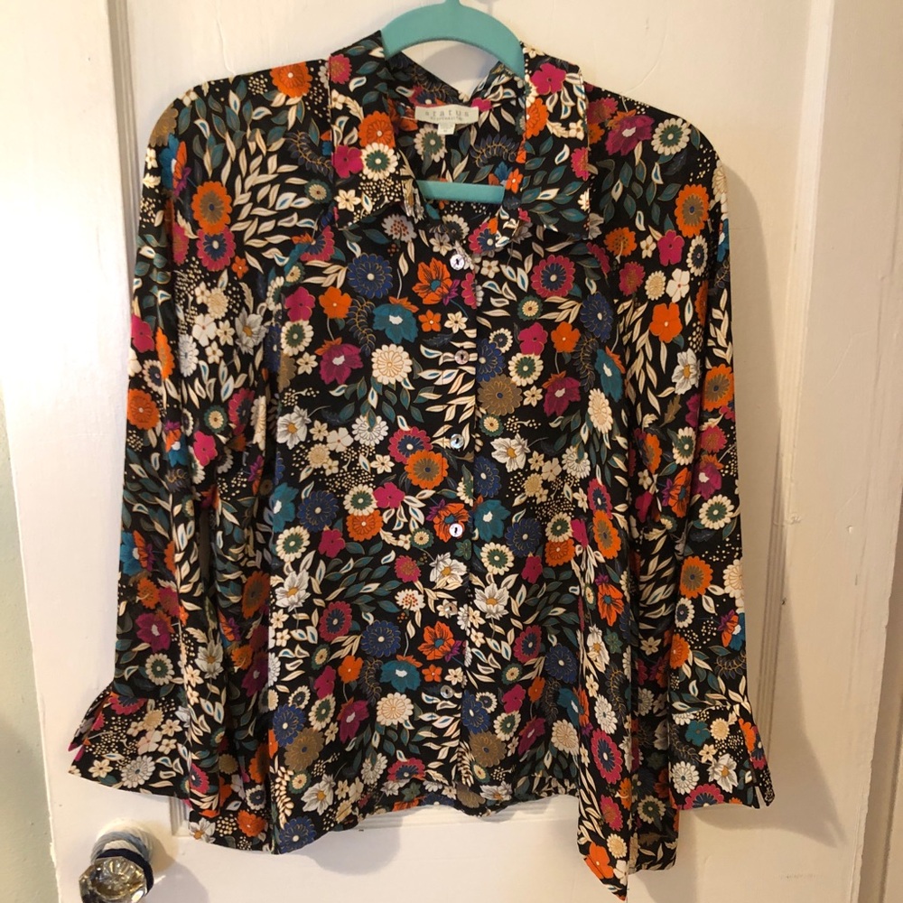 Chenault Black Floral Button-Front Blouse with Multicolor Blooms